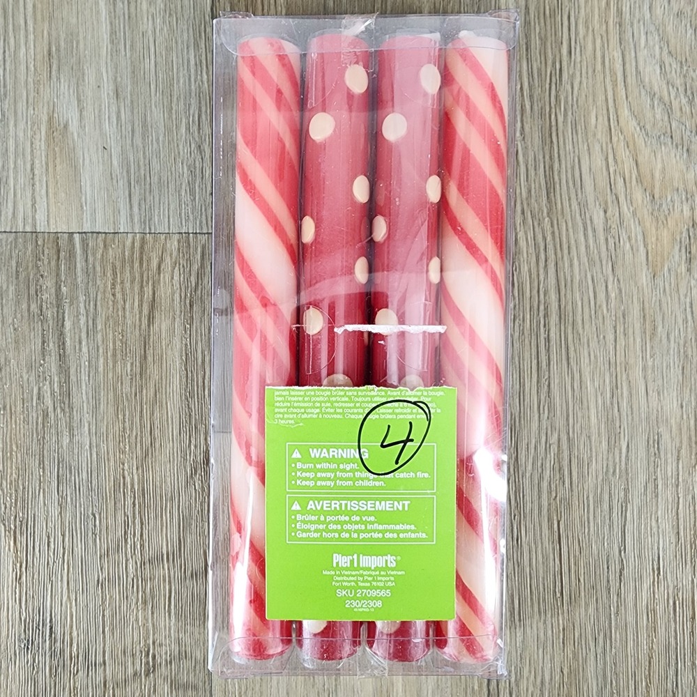 Pier 1 Imports Red and White Striped Polka Dot Taper Candles Set of 4 - Picture 1 of 8